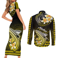Hawaii Couples Matching Short Sleeve Bodycon Dress and Long Sleeve Button Shirts Polynesian Shark with Kakau Yellow Version - Wonder Print Shop