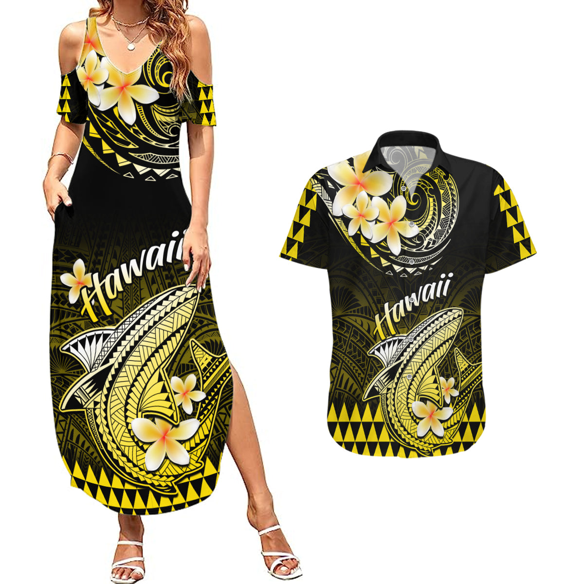 Hawaii Couples Matching Summer Maxi Dress and Hawaiian Shirt Polynesian Shark with Kakau Yellow Version - Wonder Print Shop