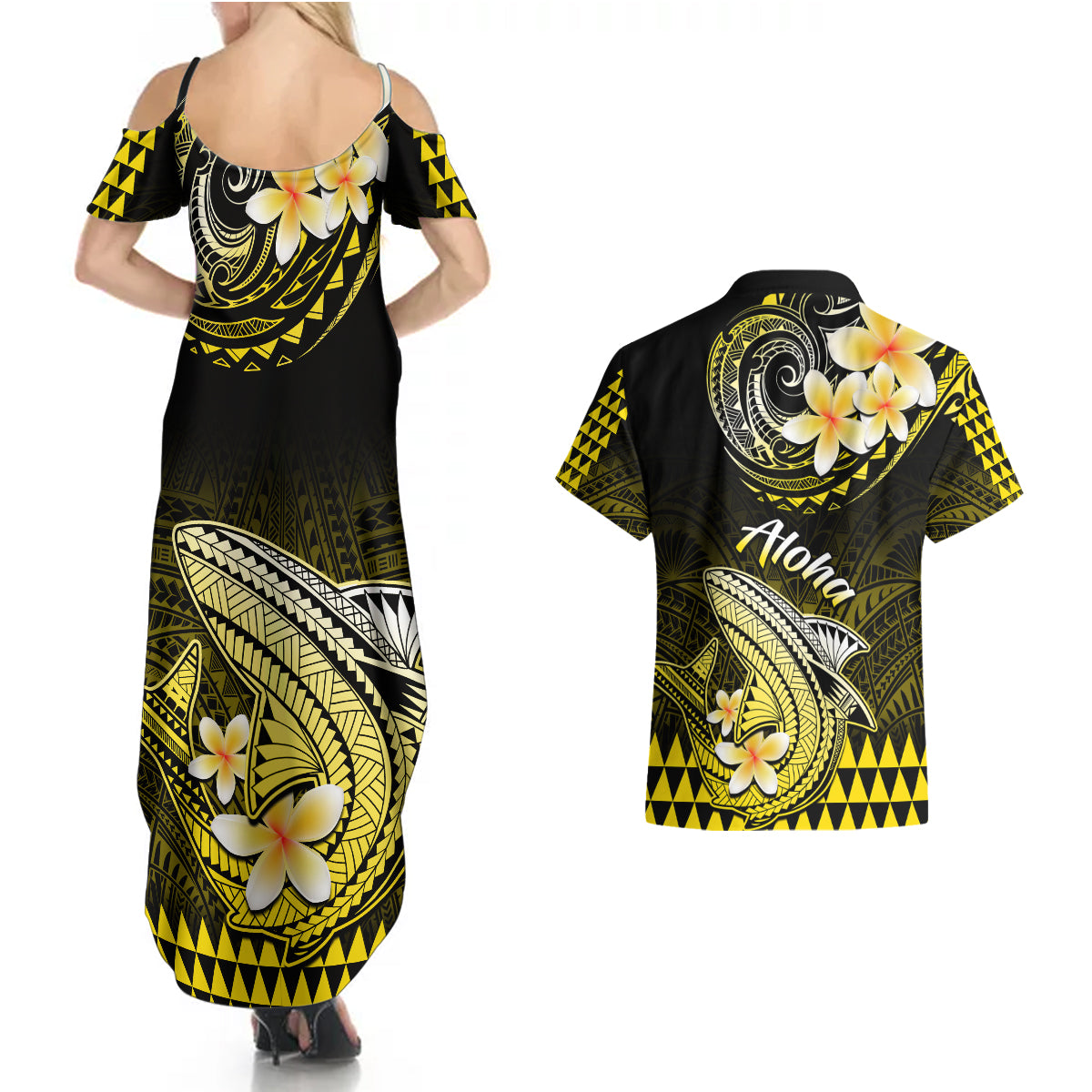 Hawaii Couples Matching Summer Maxi Dress and Hawaiian Shirt Polynesian Shark with Kakau Yellow Version - Wonder Print Shop