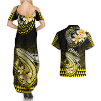 Hawaii Couples Matching Summer Maxi Dress and Hawaiian Shirt Polynesian Shark with Kakau Yellow Version - Wonder Print Shop