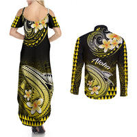 Hawaii Couples Matching Summer Maxi Dress and Long Sleeve Button Shirts Polynesian Shark with Kakau Yellow Version - Wonder Print Shop