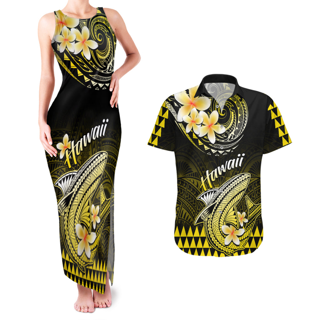 Hawaii Couples Matching Tank Maxi Dress and Hawaiian Shirt Polynesian Shark with Kakau Yellow Version - Wonder Print Shop