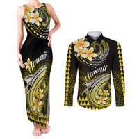 Hawaii Couples Matching Tank Maxi Dress and Long Sleeve Button Shirts Polynesian Shark with Kakau Yellow Version - Wonder Print Shop