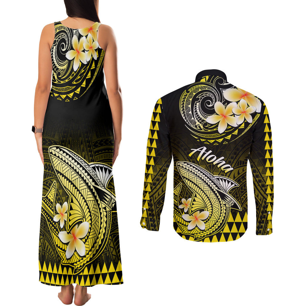 Hawaii Couples Matching Tank Maxi Dress and Long Sleeve Button Shirts Polynesian Shark with Kakau Yellow Version - Wonder Print Shop