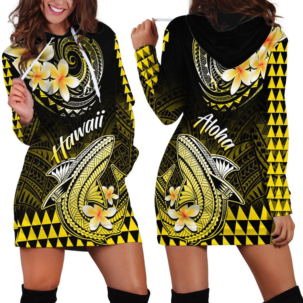 Hawaii Hoodie Dress Polynesian Shark with Kakau Yellow Version - Wonder Print Shop