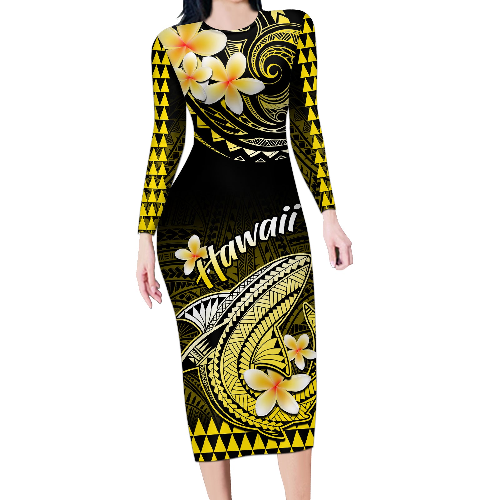 Hawaii Long Sleeve Bodycon Dress Polynesian Shark with Kakau Yellow Version - Wonder Print Shop