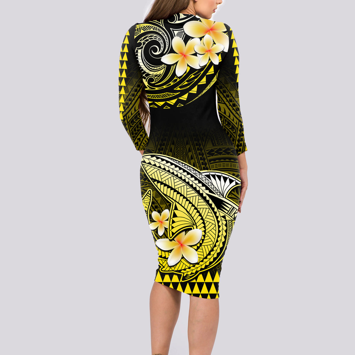Hawaii Long Sleeve Bodycon Dress Polynesian Shark with Kakau Yellow Version - Wonder Print Shop