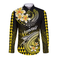 Hawaii Long Sleeve Button Shirt Polynesian Shark with Kakau Yellow Version - Wonder Print Shop