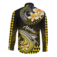 Hawaii Long Sleeve Button Shirt Polynesian Shark with Kakau Yellow Version - Wonder Print Shop