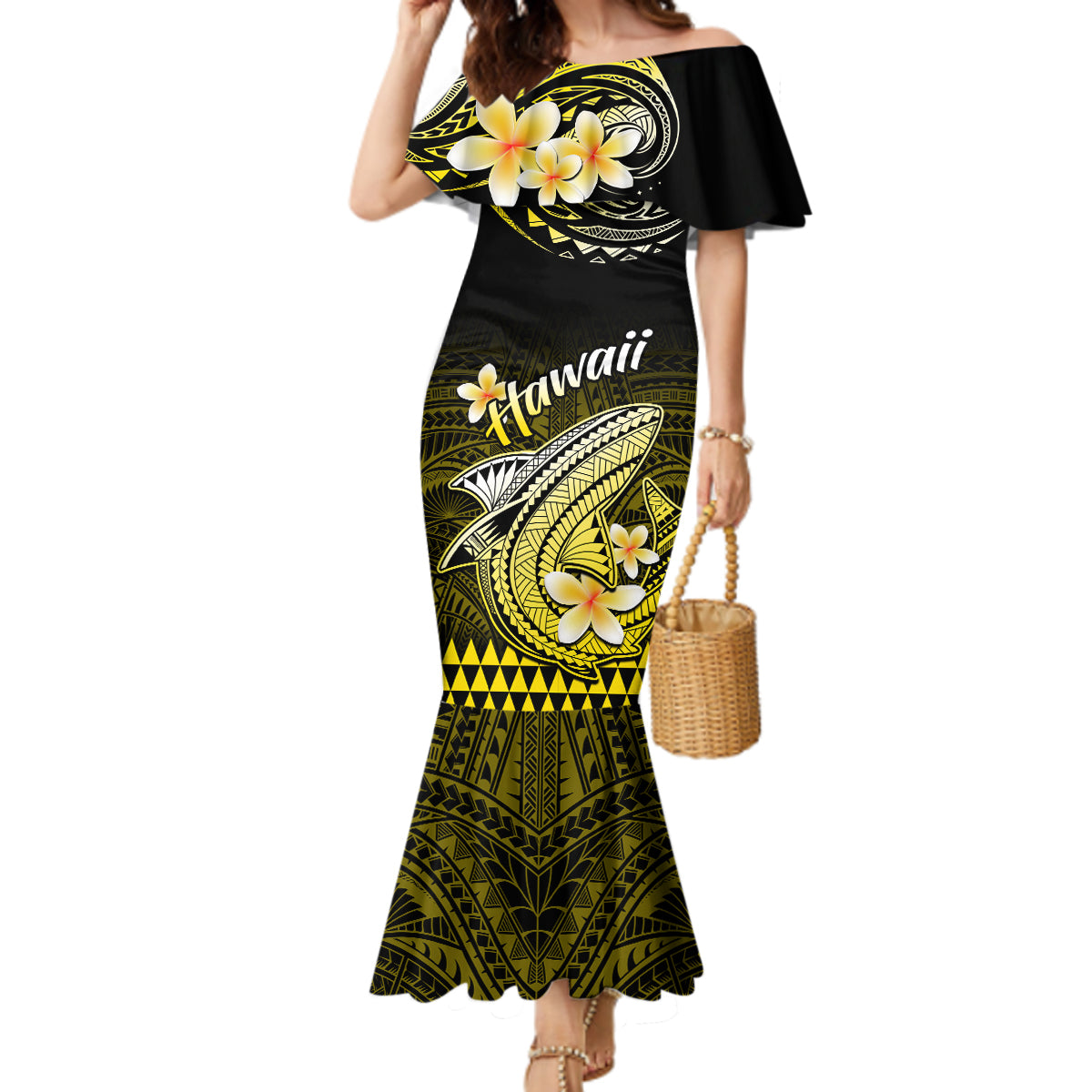 Hawaii Mermaid Dress Polynesian Shark with Kakau Yellow Version - Wonder Print Shop