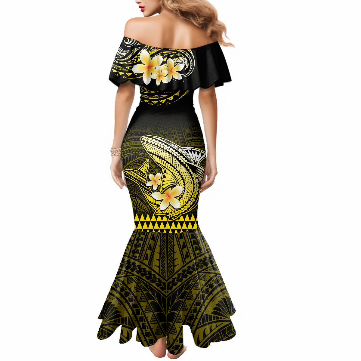 Hawaii Mermaid Dress Polynesian Shark with Kakau Yellow Version - Wonder Print Shop