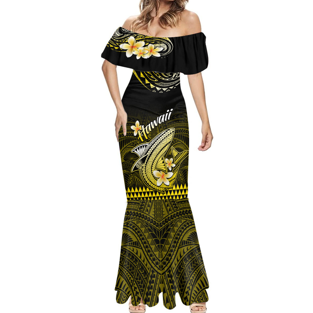 Hawaii Mermaid Dress Polynesian Shark with Kakau Yellow Version - Wonder Print Shop