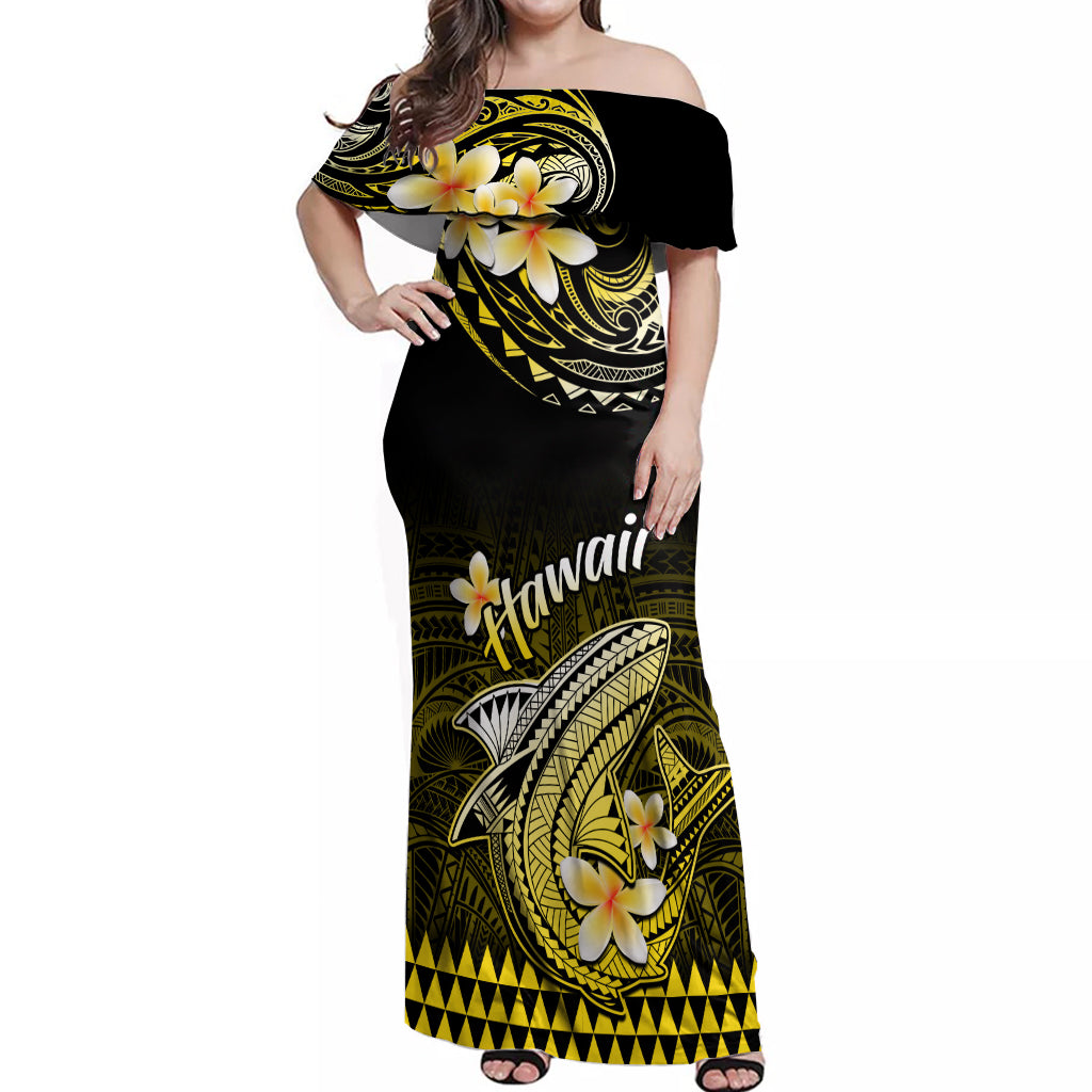 Hawaii Off Shoulder Maxi Dress Polynesian Shark with Kakau Yellow Version - Wonder Print Shop