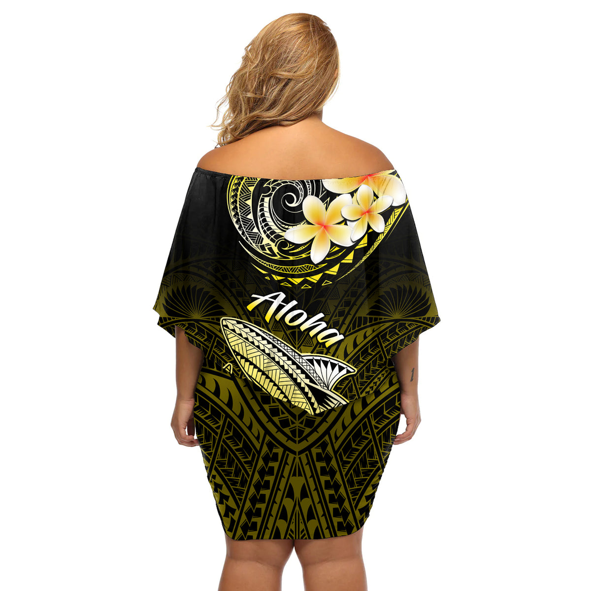 Hawaii Off Shoulder Short Dress Polynesian Shark with Kakau Yellow Version - Wonder Print Shop