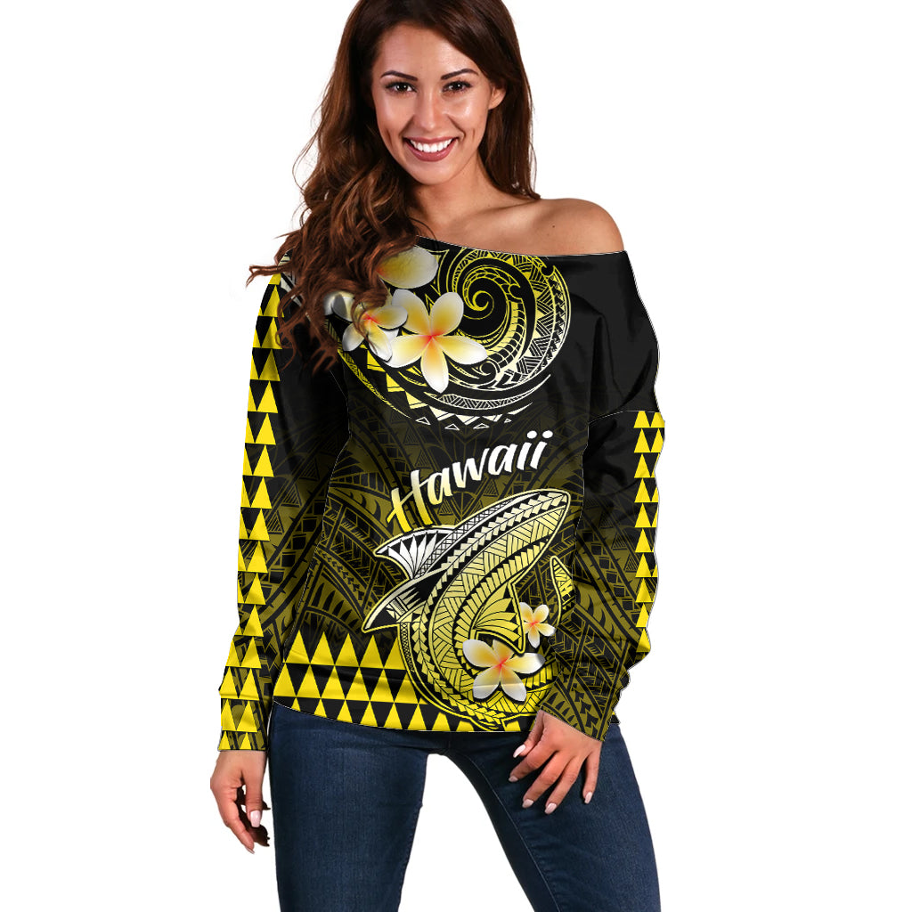 Hawaii Off Shoulder Sweater Polynesian Shark with Kakau Yellow Version - Wonder Print Shop