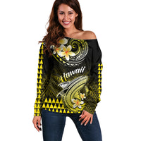 Hawaii Off Shoulder Sweater Polynesian Shark with Kakau Yellow Version - Wonder Print Shop