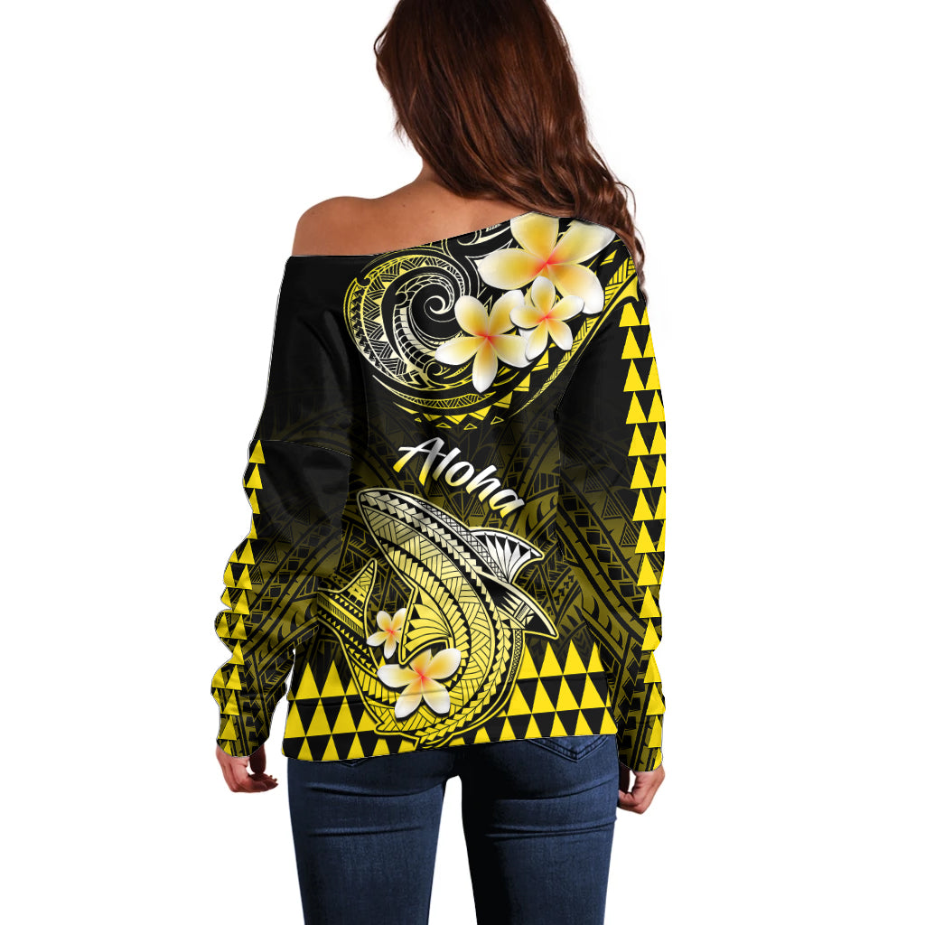 Hawaii Off Shoulder Sweater Polynesian Shark with Kakau Yellow Version - Wonder Print Shop