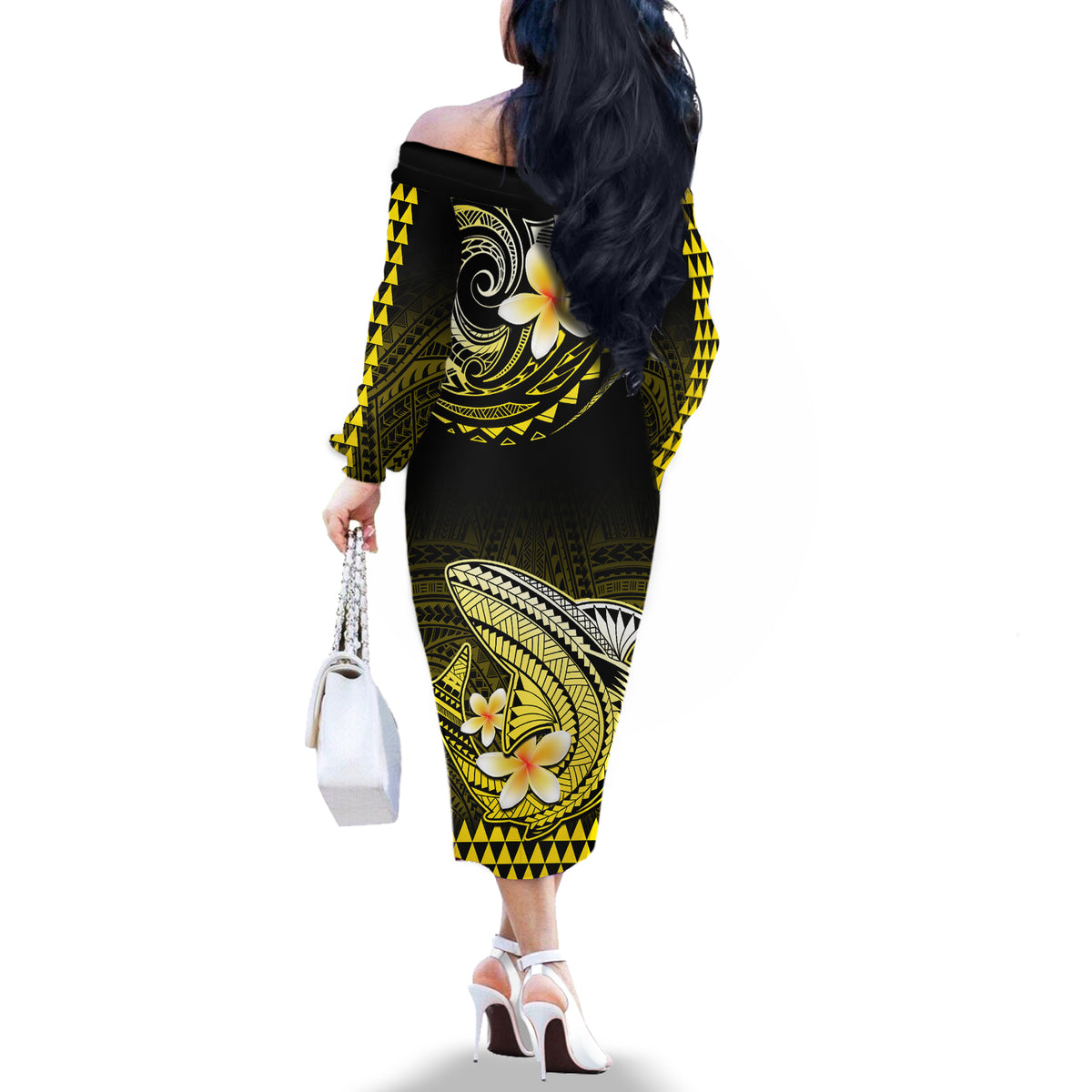Hawaii Off The Shoulder Long Sleeve Dress Polynesian Shark with Kakau Yellow Version - Wonder Print Shop