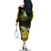 Hawaii Off The Shoulder Long Sleeve Dress Polynesian Shark with Kakau Yellow Version - Wonder Print Shop