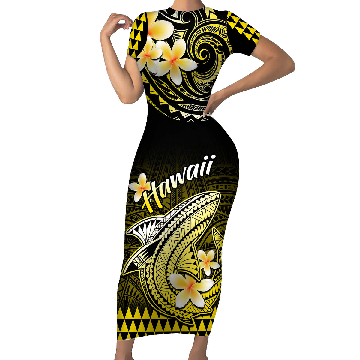 Hawaii Short Sleeve Bodycon Dress Polynesian Shark with Kakau Yellow Version - Wonder Print Shop
