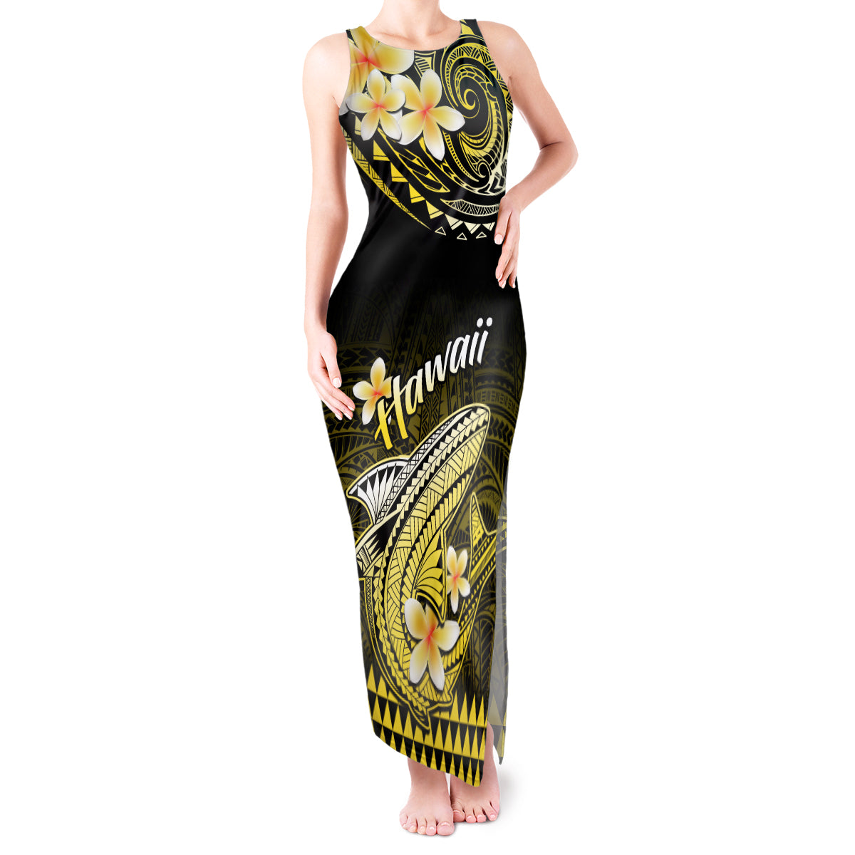 Hawaii Tank Maxi Dress Polynesian Shark with Kakau Yellow Version - Wonder Print Shop
