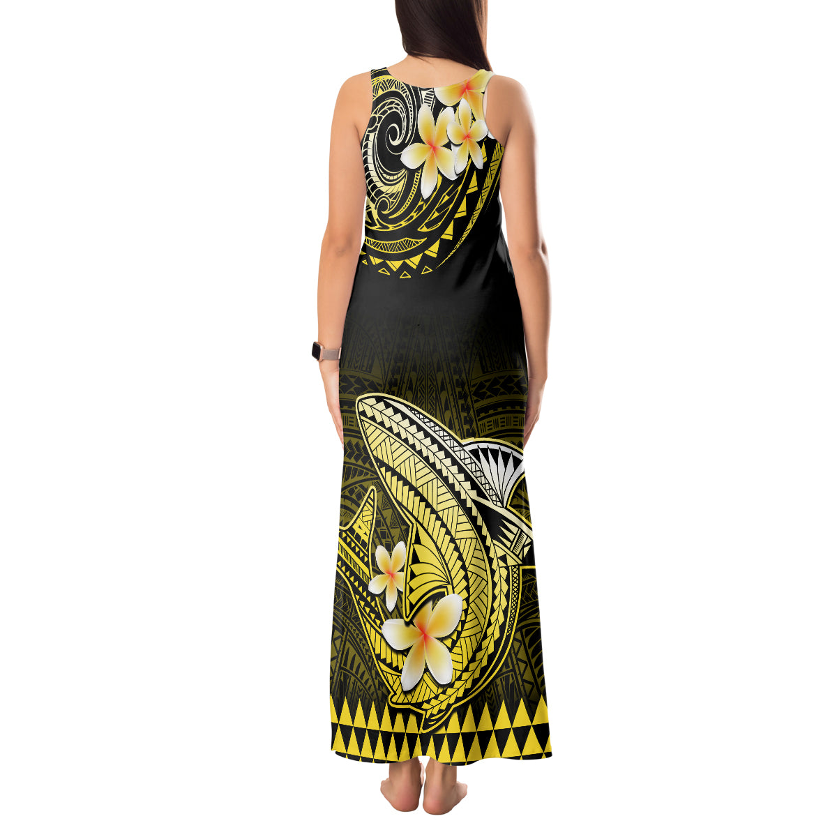 Hawaii Tank Maxi Dress Polynesian Shark with Kakau Yellow Version - Wonder Print Shop