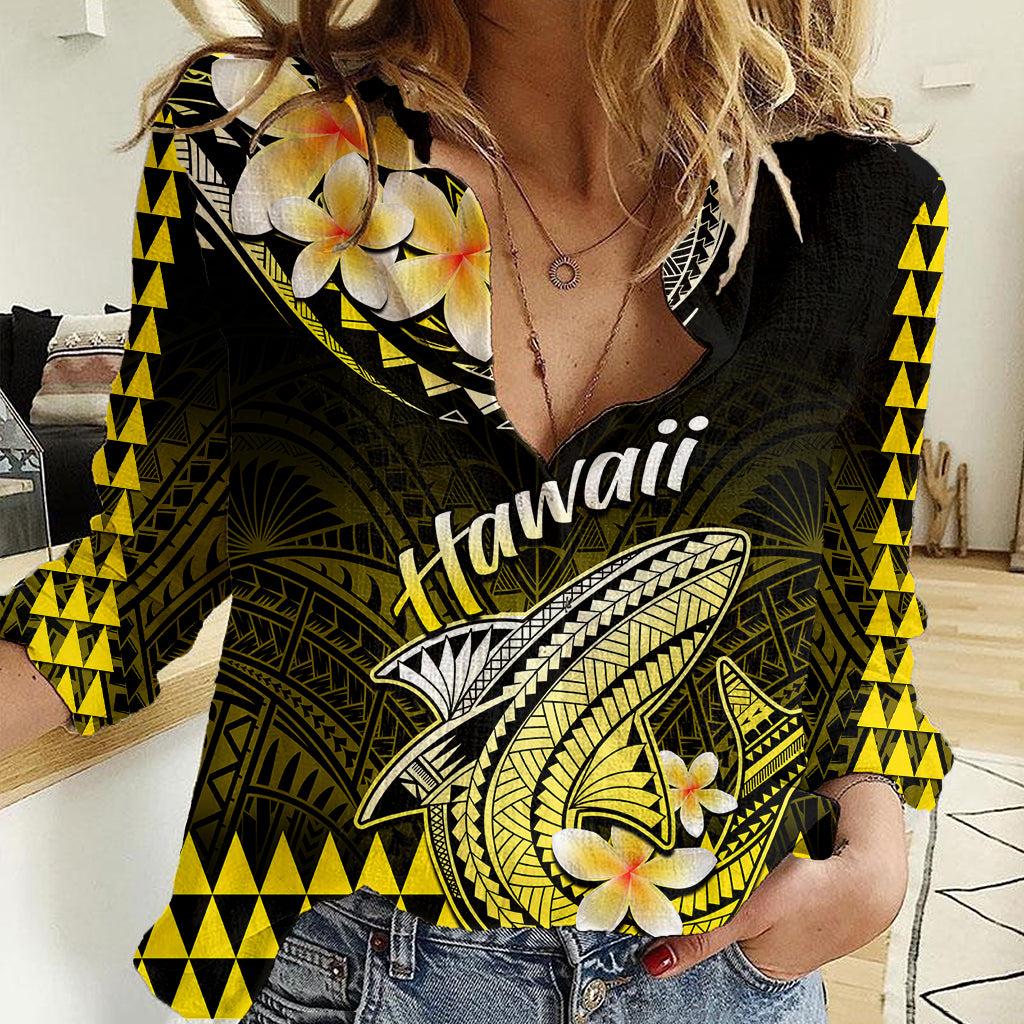 Hawaii Women Casual Shirt Polynesian Shark with Kakau Yellow Version - Wonder Print Shop