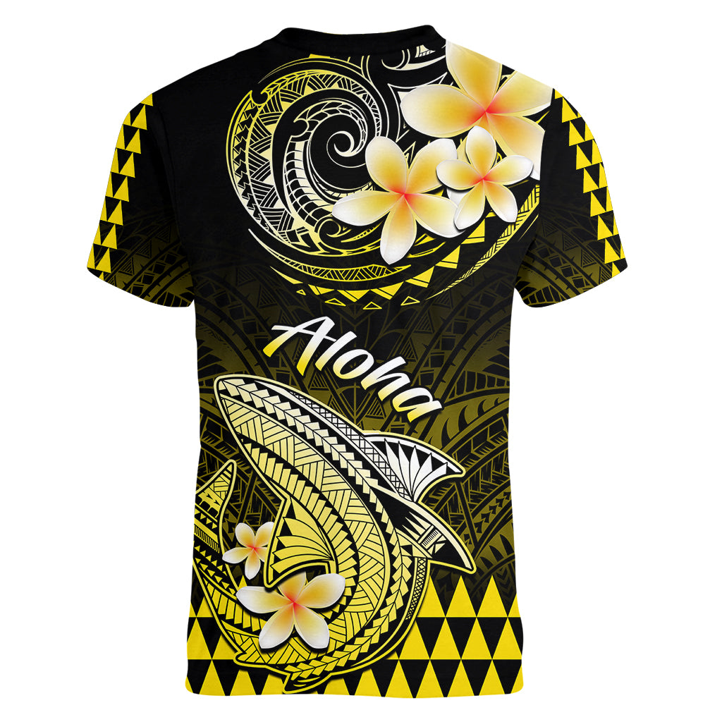 Hawaii Women V Neck T Shirt Polynesian Shark with Kakau Yellow Version - Wonder Print Shop