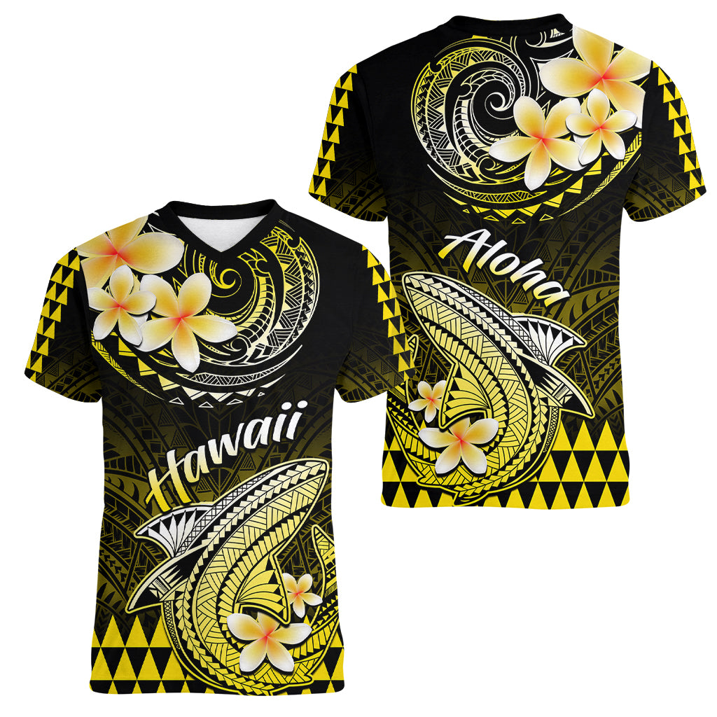 Hawaii Women V Neck T Shirt Polynesian Shark with Kakau Yellow Version - Wonder Print Shop