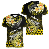 Hawaii Women V Neck T Shirt Polynesian Shark with Kakau Yellow Version - Wonder Print Shop