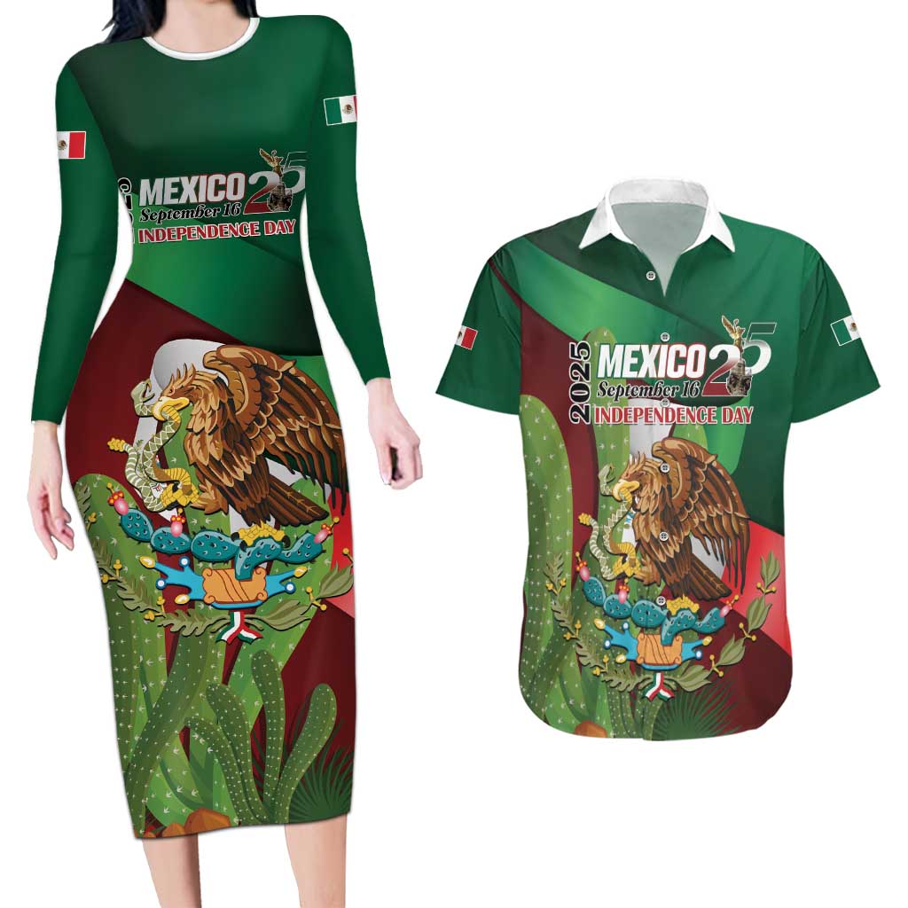 Mexico Independence Day 2025 Couples Matching Long Sleeve Bodycon Dress and Hawaiian Shirt 215th Anniversary Estados Unidos Mexicanos - Wonder Print Shop