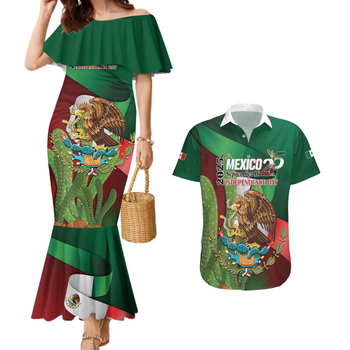 Mexico Independence Day 2025 Couples Matching Mermaid Dress and Hawaiian Shirt 215th Anniversary Estados Unidos Mexicanos - Wonder Print Shop