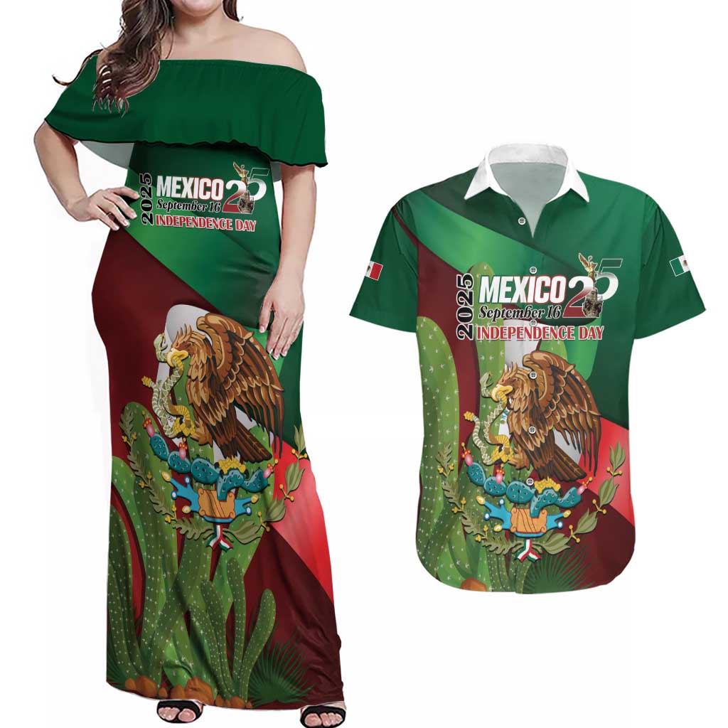 Mexico Independence Day 2025 Couples Matching Off Shoulder Maxi Dress and Hawaiian Shirt 215th Anniversary Estados Unidos Mexicanos - Wonder Print Shop