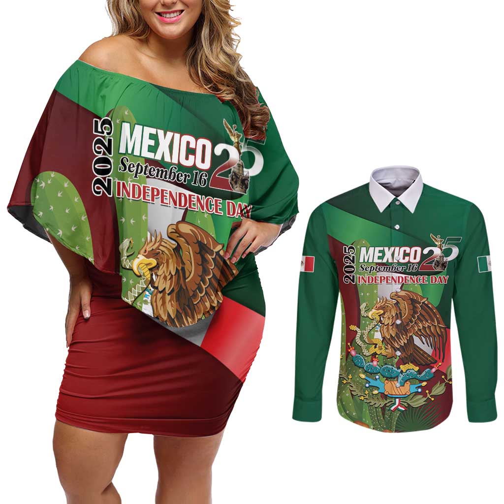 Mexico Independence Day 2025 Couples Matching Off Shoulder Short Dress and Long Sleeve Button Shirt 215th Anniversary Estados Unidos Mexicanos - Wonder Print Shop