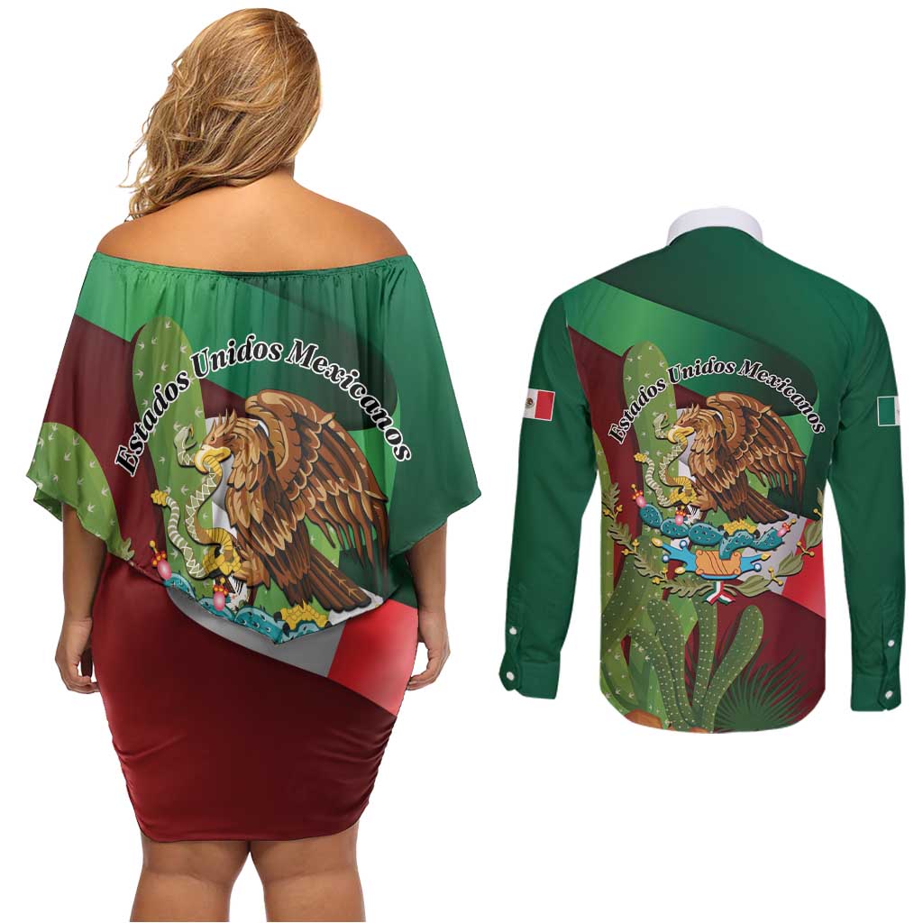 Mexico Independence Day 2025 Couples Matching Off Shoulder Short Dress and Long Sleeve Button Shirt 215th Anniversary Estados Unidos Mexicanos - Wonder Print Shop