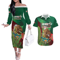 Mexico Independence Day 2025 Couples Matching Off The Shoulder Long Sleeve Dress and Hawaiian Shirt 215th Anniversary Estados Unidos Mexicanos - Wonder Print Shop
