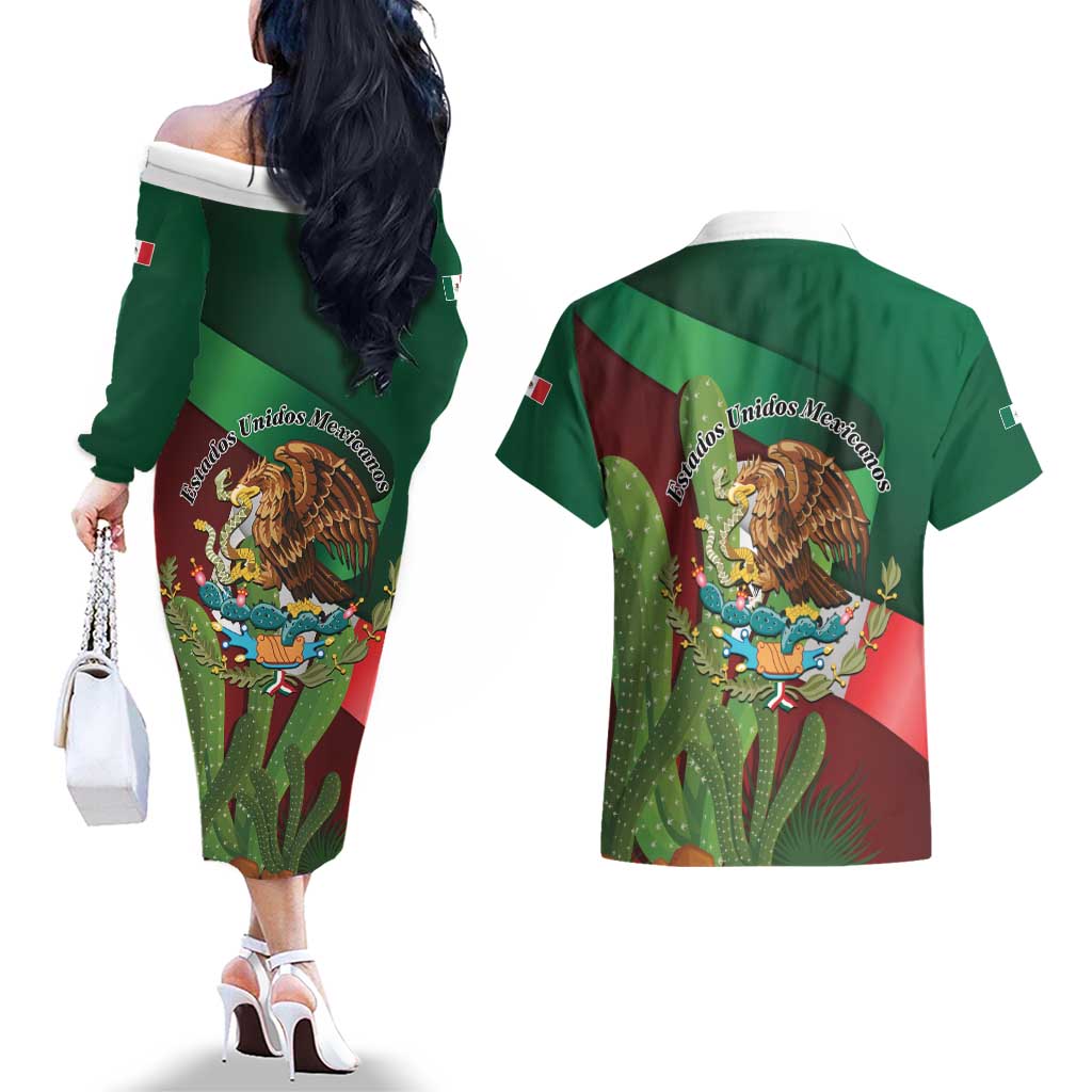 Mexico Independence Day 2025 Couples Matching Off The Shoulder Long Sleeve Dress and Hawaiian Shirt 215th Anniversary Estados Unidos Mexicanos - Wonder Print Shop