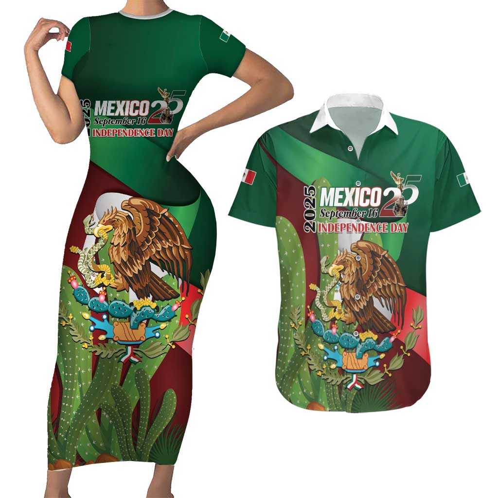 Mexico Independence Day 2025 Couples Matching Short Sleeve Bodycon Dress and Hawaiian Shirt 215th Anniversary Estados Unidos Mexicanos - Wonder Print Shop