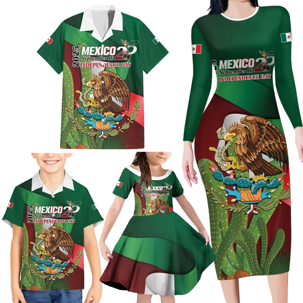 Mexico Independence Day 2025 Family Matching Long Sleeve Bodycon Dress and Hawaiian Shirt 215th Anniversary Estados Unidos Mexicanos - Wonder Print Shop