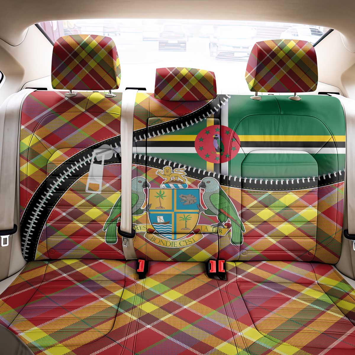 Dominica Creole Day Back Car Seat Cover Madras Pattern Zipper Stylized - Wonder Print Shop