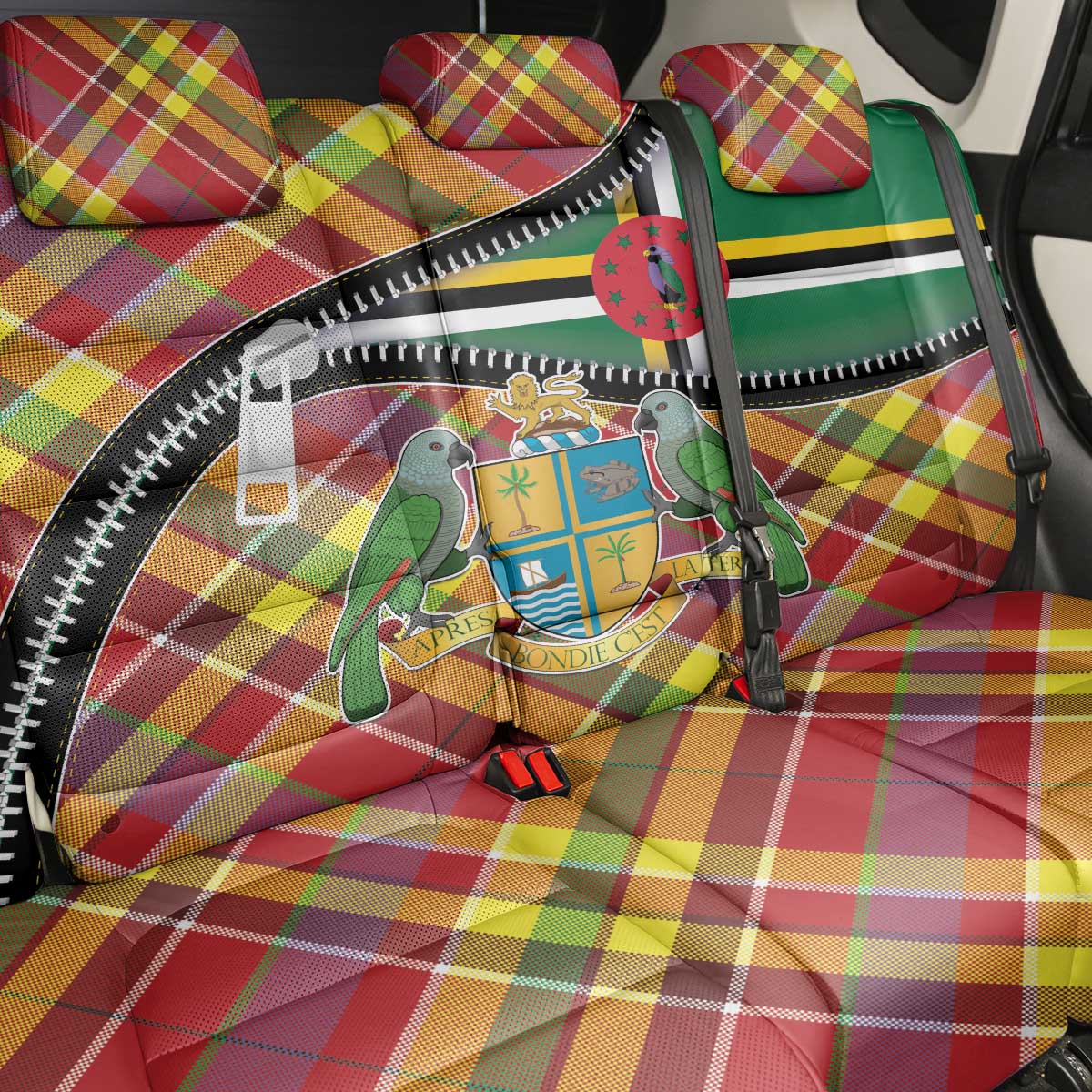Dominica Creole Day Back Car Seat Cover Madras Pattern Zipper Stylized - Wonder Print Shop