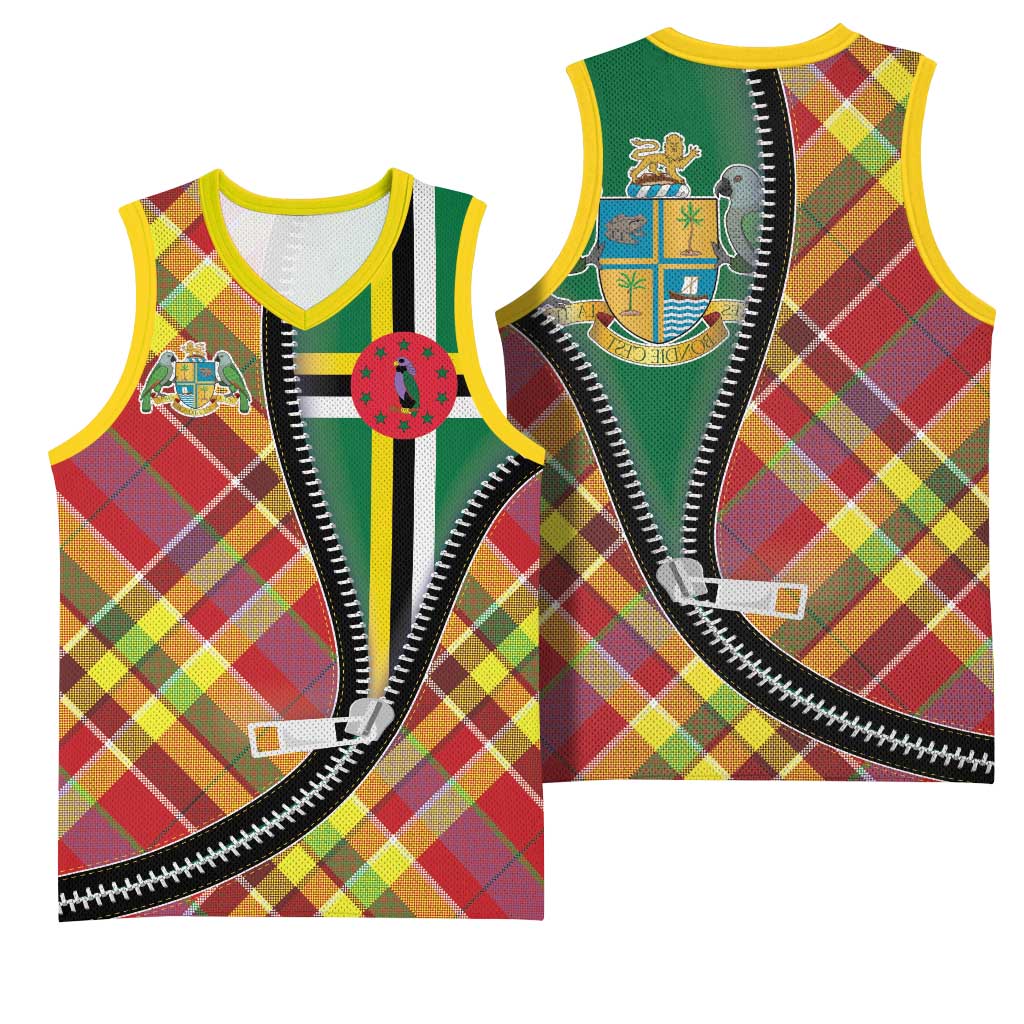 Dominica Creole Day Basketball Jersey Madras Pattern Zipper Stylized - Wonder Print Shop