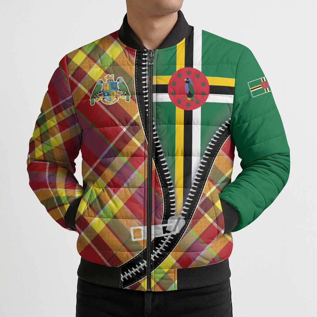Dominica Creole Day Bomber Puffer Jacket Madras Pattern Zipper Stylized - Wonder Print Shop