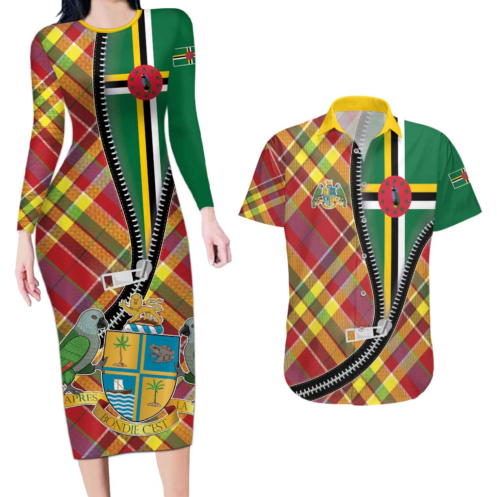 Dominica Creole Day Couples Matching Long Sleeve Bodycon Dress and Hawaiian Shirt Madras Pattern Zipper Stylized - Wonder Print Shop