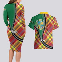 Dominica Creole Day Couples Matching Long Sleeve Bodycon Dress and Hawaiian Shirt Madras Pattern Zipper Stylized - Wonder Print Shop
