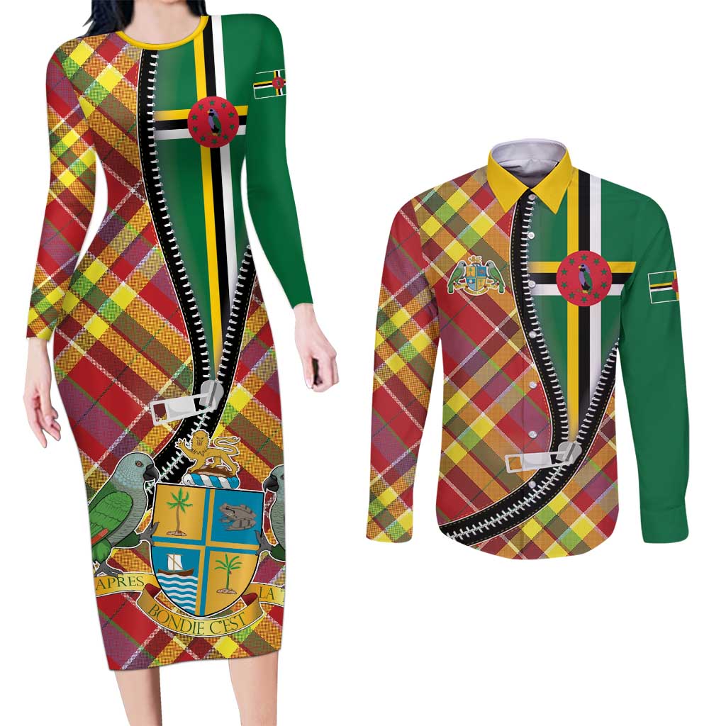 Dominica Creole Day Couples Matching Long Sleeve Bodycon Dress and Long Sleeve Button Shirt Madras Pattern Zipper Stylized - Wonder Print Shop