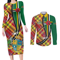 Dominica Creole Day Couples Matching Long Sleeve Bodycon Dress and Long Sleeve Button Shirt Madras Pattern Zipper Stylized - Wonder Print Shop