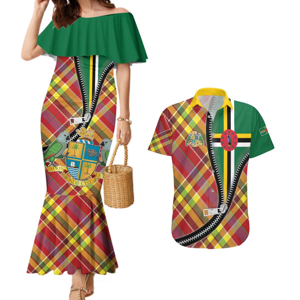 Dominica Creole Day Couples Matching Mermaid Dress and Hawaiian Shirt Madras Pattern Zipper Stylized - Wonder Print Shop