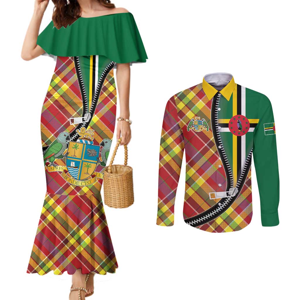 Dominica Creole Day Couples Matching Mermaid Dress and Long Sleeve Button Shirt Madras Pattern Zipper Stylized - Wonder Print Shop