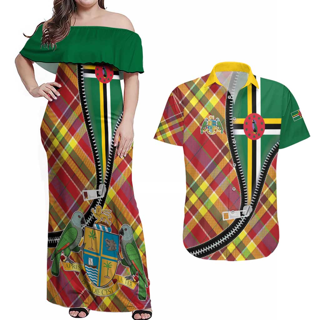 Dominica Creole Day Couples Matching Off Shoulder Maxi Dress and Hawaiian Shirt Madras Pattern Zipper Stylized - Wonder Print Shop